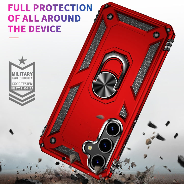 Red shockproof TPU and PC phone case for Samsung Galaxy S24 5G, featuring a 360-degree rotating holder and precise cutouts for buttons and ports.